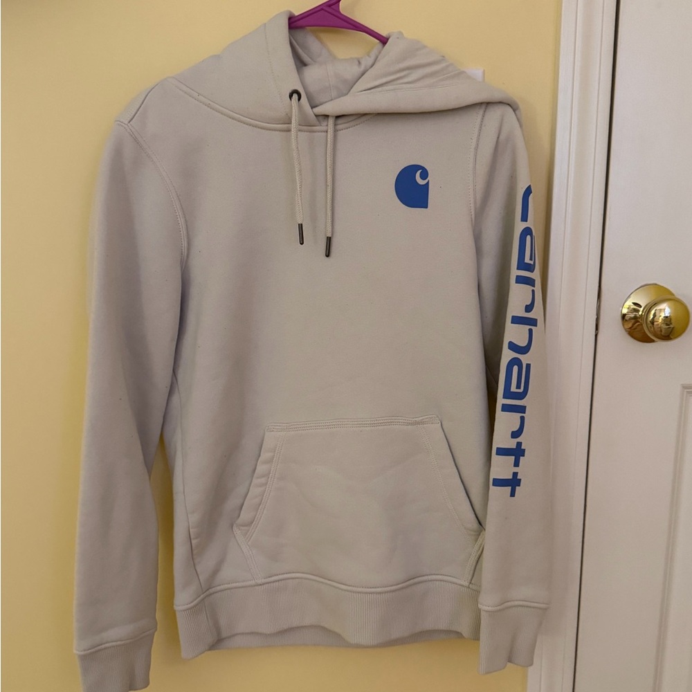 Carhartt Cream Hoodie with Blue Logo